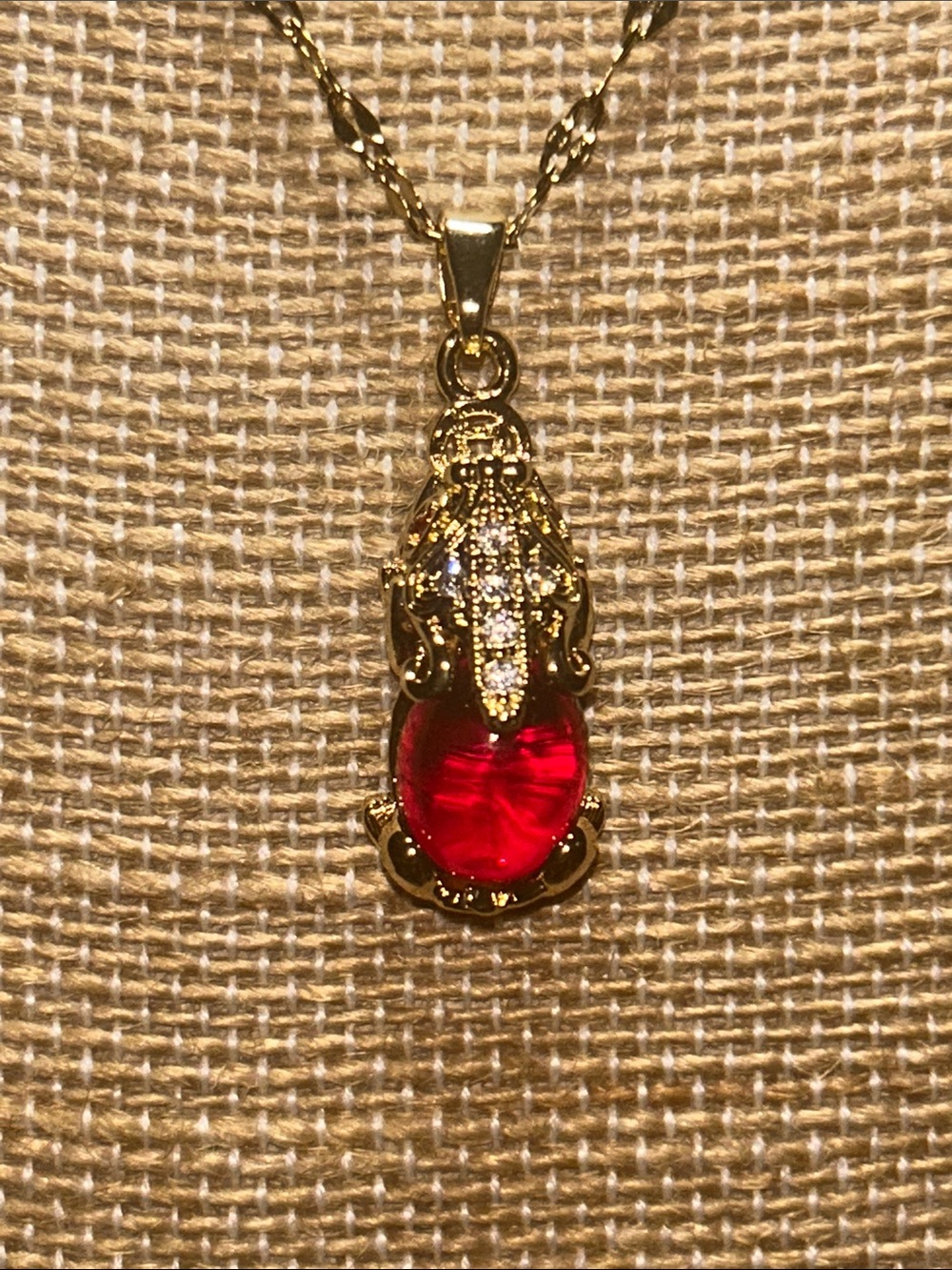 Gold Necklace with Red Crystal Pendant - Women Jewelry - Picture 2 of 3